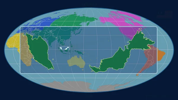 マレーシアのアウトラインを視野線で拡大し Mollweide予測の世界地図に対して 形を中心に 大陸のカラーマップ — ストック写真