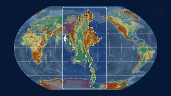 Zoomed View Myanmar Outline Perspective Lines Global Map Kavrayskiy Projection — Stock Photo, Image