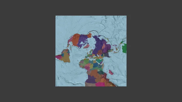 Square frame of the large-scale map of the world in an oblique Van der Grinten projection centered on the territory of Norway. Color map of the administrative division