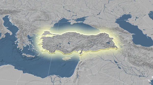 トルコとその周辺 遠くの斜めの視点 形状が光った グレースケール標高図 — ストック写真