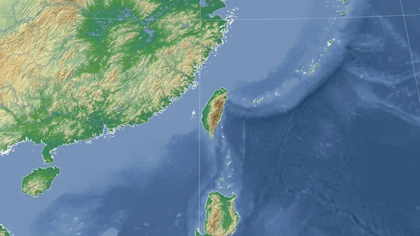 台湾及其邻近地区 距离偏斜的视角 没有轮廓 彩色物理图 — 图库照片