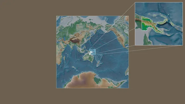 从世界大比例尺地图中提取出的巴布亚的扩大和扩大区域 其引线连接了框架的各个角落 彩色物理图 — 图库照片