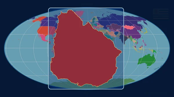 ウルグアイのアウトラインを視野線で拡大し モルウェイ予測の世界地図に対して 形を中心に 行政庁のカラーマップ — ストック写真