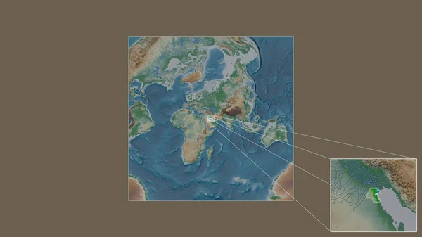 从世界大比例尺地图中提取出的科威特扩大和扩大的地区 其引线连接了框架的各个角落 彩色物理图 — 图库照片