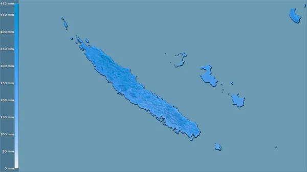 新喀里多尼亚地区内带有图例的立体投影的雨季降水量 栅格层的原始组成 — 图库照片