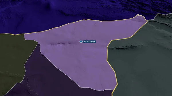 シリアのアル ハシャカ州は 首都で拡大し 強調表示されました 行政区画の色と衝突した地図 3Dレンダリング — ストック写真