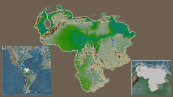 ベネズエラのクローズアップと地域と大規模な世界地図の中心部に位置しています 地図の色 — ストック写真