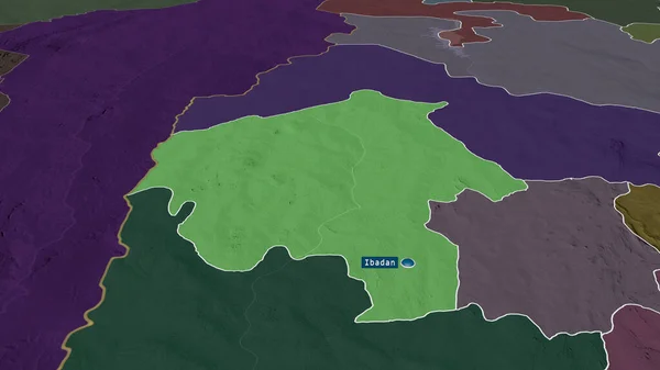 尼日利亚奥约州以资本放大和突出 绘制了行政区划的彩色和凸起的地图 3D渲染 — 图库照片