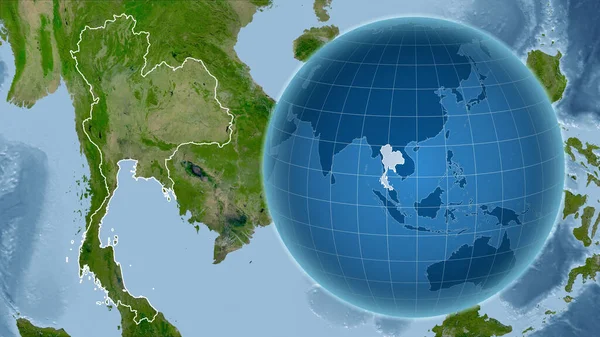 Tailandia Globo Con Forma Del País Contra Mapa Ampliado Con — Foto de Stock