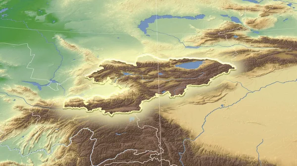 Kirguistán Barrio Perspectiva Oblicua Distante Forma Brillaba Mapa Físico Color — Foto de Stock