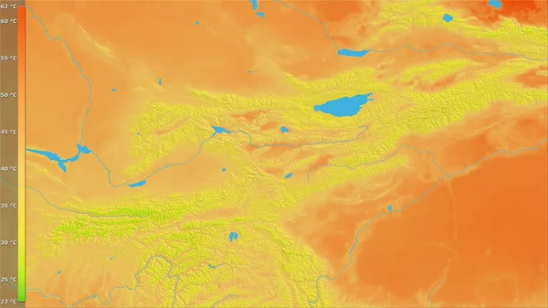 吉尔吉斯斯坦地区内具有图例的立体投影的年均温度变化 光栅层的原始成分 — 图库照片