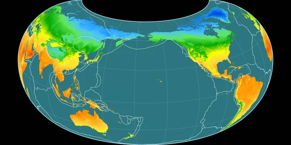Raisz Armadillo投影中的世界地图以西经170度为中心 年平均温度图 具有满意和构造板块边界的栅格组合 3D插图 — 图库照片