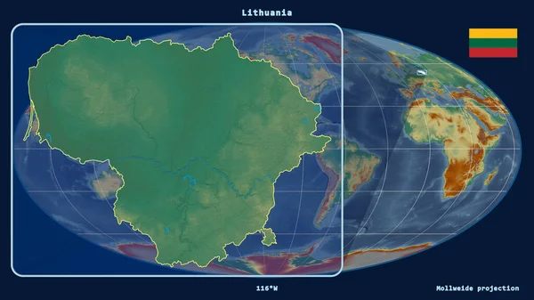 Zoomed-in view of Lithuania outline with perspective lines against a global map in the Mollweide projection. Shape on the left side. topographic relief map