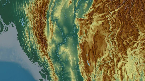 Mandalay Division Myanmar Colored Relief Lakes Rivers Shape Outlined Its — Stock Photo, Image
