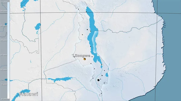 Precipitation of driest month  within the Malawi area in the stereographic projection with legend - main composition