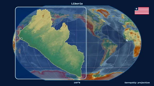 Увеличенный Вид Либерии Перспективными Линиями Против Глобальной Карты Каврайской Проекции — стоковое фото