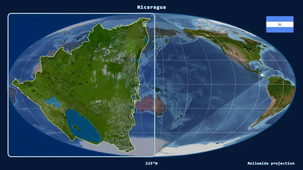 Zoomed View Nicaragua Outline Perspective Lines Global Map Mollweide Projection — Stock Photo, Image