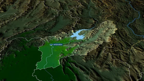 Uttaradit - province of Thailand zoomed and highlighted with capital. Main physical landscape features. 3D rendering