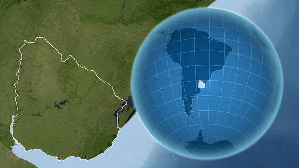 Uruguay. Globe with the shape of the country against zoomed map with its outline. satellite imagery