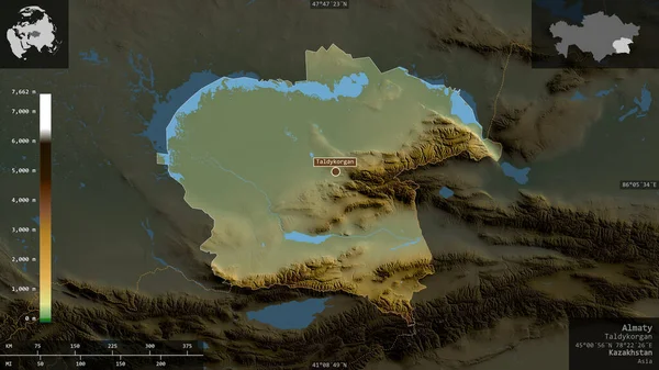 Almaty Región Kazajstán Datos Sombreado Colores Con Lagos Ríos Forma — Foto de Stock