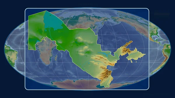 Zoomed-in view of Uzbekistan outline with perspective lines against a global map in the Mollweide projection. Shape centered. color physical map