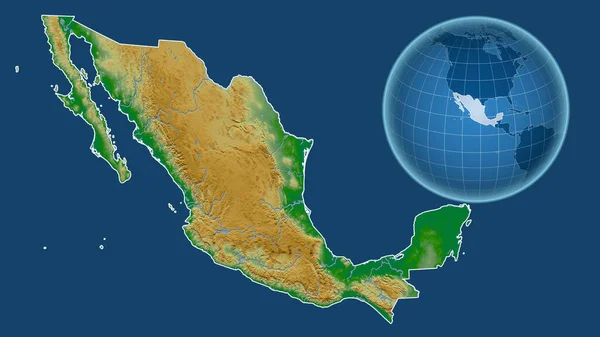 Mexico. Globe with the shape of the country against zoomed map with its outline isolated on the blue background. color physical map