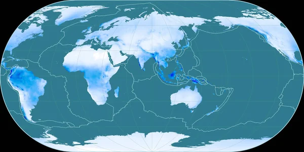 位于奥泰留斯椭圆形投影中的世界地图以东经90度为中心 年平均降水图 具有满意边界和构造板块边界的栅格组合图 3D插图 — 图库照片