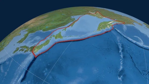 Okhotsk Tectonic Plate Outlined Globe Satellite Imagery Rendering — Stock Photo, Image