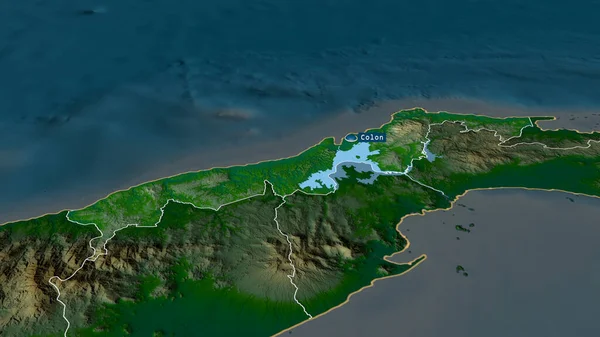 コロン パナマの州が拡大し 首都で強調表示されました 主な物理的な風景機能 3Dレンダリング — ストック写真