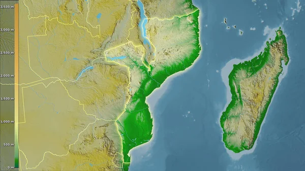 Physikalische Karte Innerhalb Mosambiks Der Stereographischen Projektion Mit Legende Rohe — Stockfoto