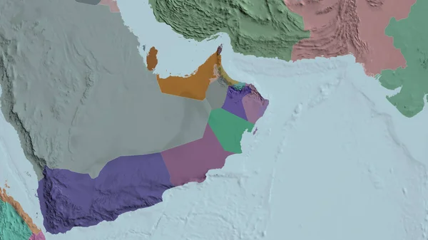 Oman zoomed and neighborhood. Colored and bumped map of the administrative division. 3D rendering