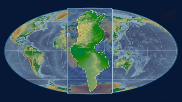 Přiblížený Pohled Tunisko Perspektivními Liniemi Proti Globální Mapě Mollweidově Projekci — Stock fotografie