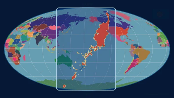 パーラオのアウトラインを視野線で拡大し Mollweide予測の世界地図に対して 形を中心に 行政区画のカラーマップ — ストック写真