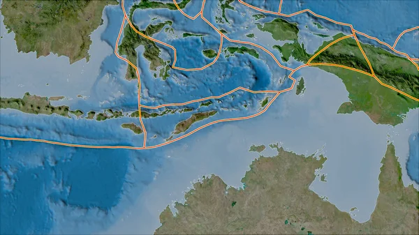 Tectonische Platen Grenzen Aan Satellietkaart Van Gebieden Grenzend Aan Het — Stockfoto