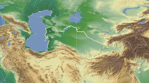 Turkmenistán Vecindario Perspectiva Oblicua Distante Forma Delineada Mapa Físico Color — Foto de Stock