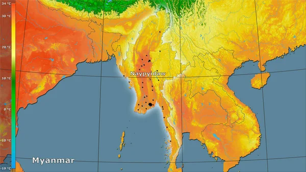 Legmelegebb Negyed Középhőmérséklete Mianmar Területén Sztereográfiai Vetületben Legendával Összetétel — Stock Fotó