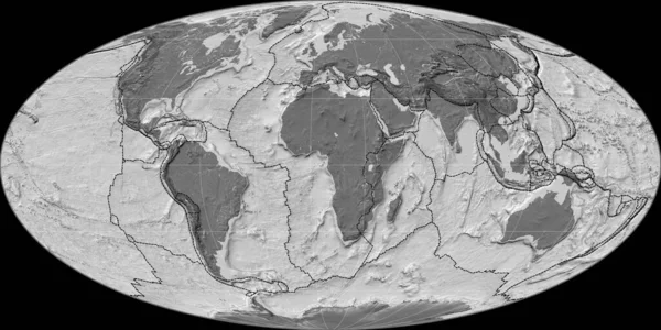 Mollweide Projeksiyonundaki Dünya Haritası Doğu Boylamına Odaklı Çift Seviyeli Topografik — Stok fotoğraf