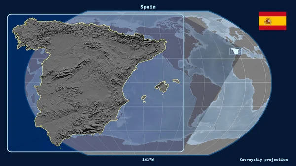 Vergrößerte Ansicht Spaniens Mit Perspektivischen Linien Gegen Eine Weltkarte Der — Stockfoto
