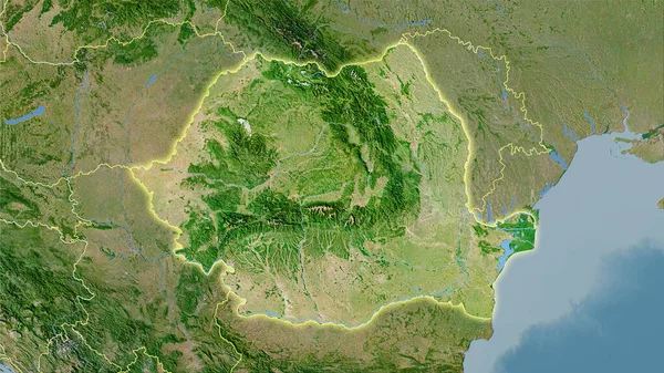 Stereografik Projeksiyonda Romanya Nın Uydusu Haritasında Işık Saçan Dış Hatları — Stok fotoğraf