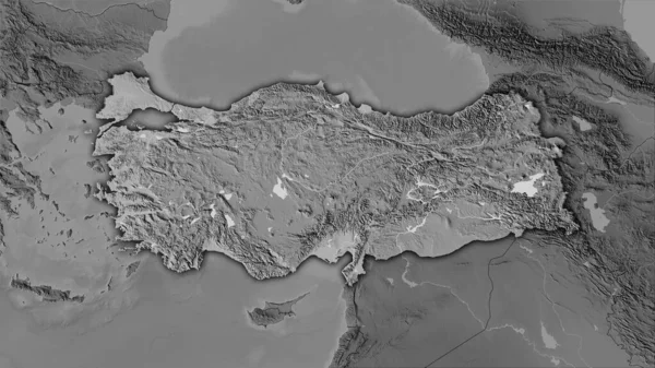 立体投影のグレースケール標高マップ上のトルコ領域 暗い輝く輪郭を持つラスター層の生の組成 — ストック写真