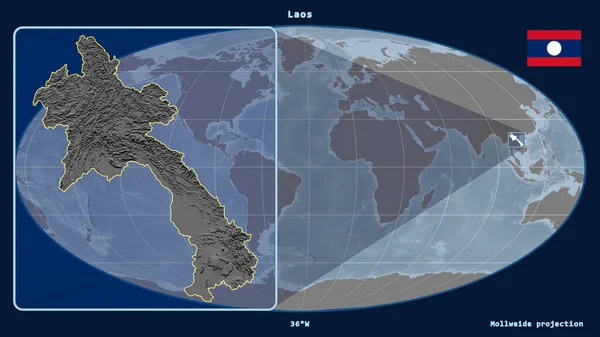 Zoomed Widok Laosu Zarys Linii Perspektywy Wobec Globalnej Mapy Projekcji — Zdjęcie stockowe