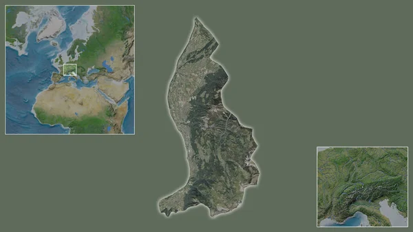 リヒテンシュタインのクローズアップと地域と大規模な世界地図の中心部に位置しています 衛星画像 — ストック写真