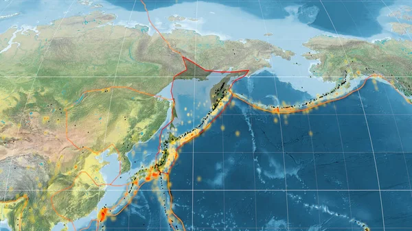 Okhotská Tektonická Deska Nastíněná Globální Topografické Mapě Projekci Kavrayskiy Vykreslování — Stock fotografie