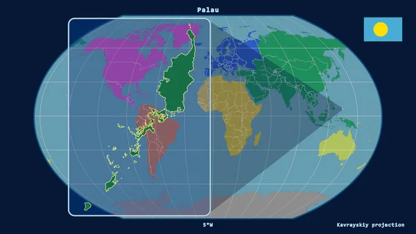 Zbliżenie Kontur Palau Liniami Perspektywicznymi Stosunku Globalnej Mapy Projekcji Kavrayskiya — Zdjęcie stockowe