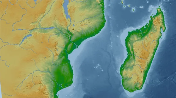 Madagaszkár Ország Közeli Perspektívája Vázlat Nélkül Színes Fizikai Térkép — Stock Fotó