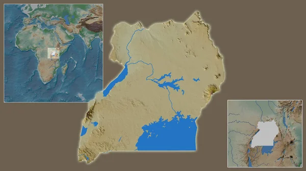 乌干达的近景及其在该区域的位置 以及在一个大比例尺世界地图中心的位置 彩色物理图 — 图库照片