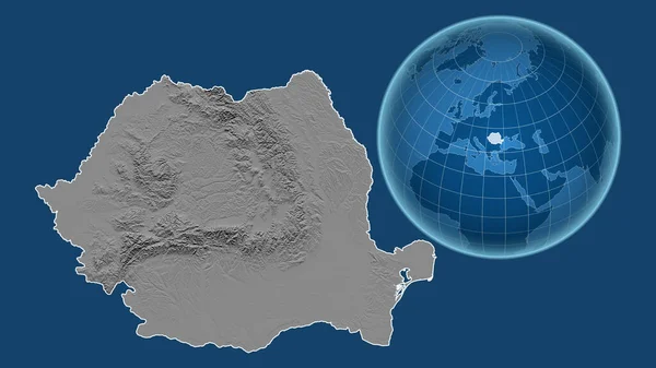 罗马尼亚 与缩放地图相对照的国家形状的球体 其轮廓在蓝色背景上孤立 灰度高程图 — 图库照片