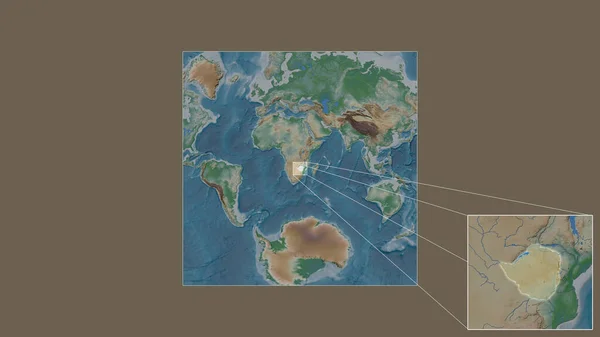 从世界大比例尺地图中提取出的扩大和扩大的津巴布韦地区 其主要线连接了框架的各个角落 彩色物理图 — 图库照片