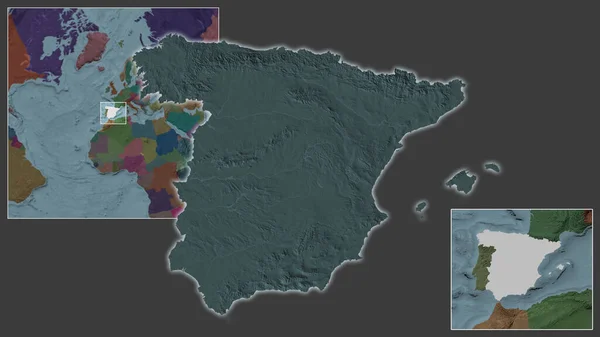 西班牙的近景及其在该地区的位置 以及在一个大比例尺世界地图中心的位置 行政区划的彩色地图 — 图库照片
