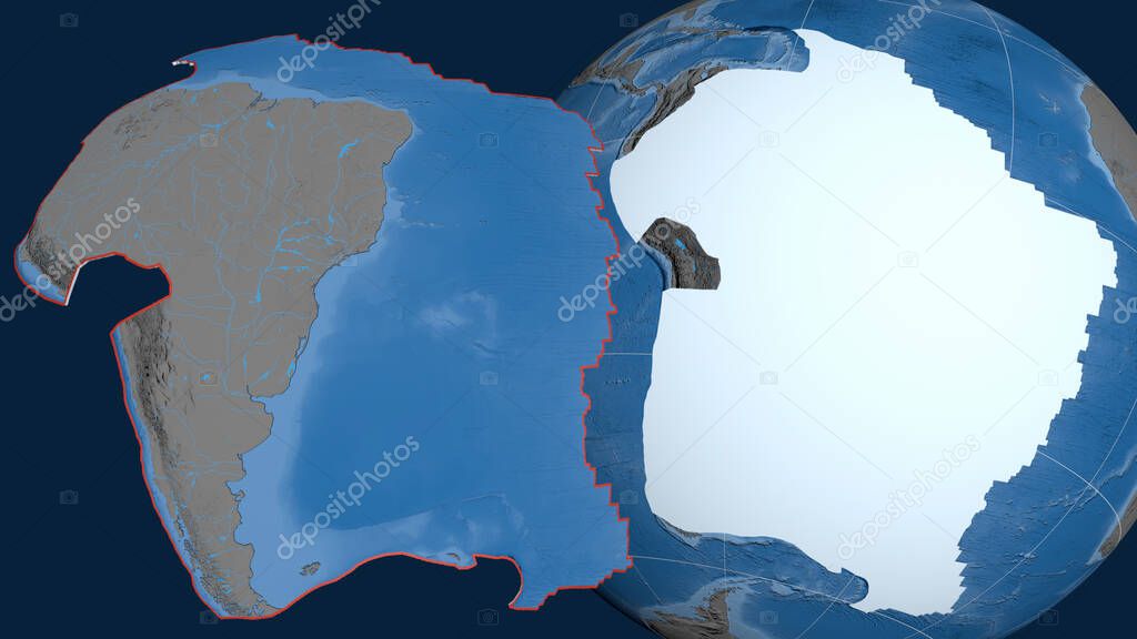 South America tectonic plate extruded and presented against the globe. topography and bathymetry colored elevation map. 3D rendering